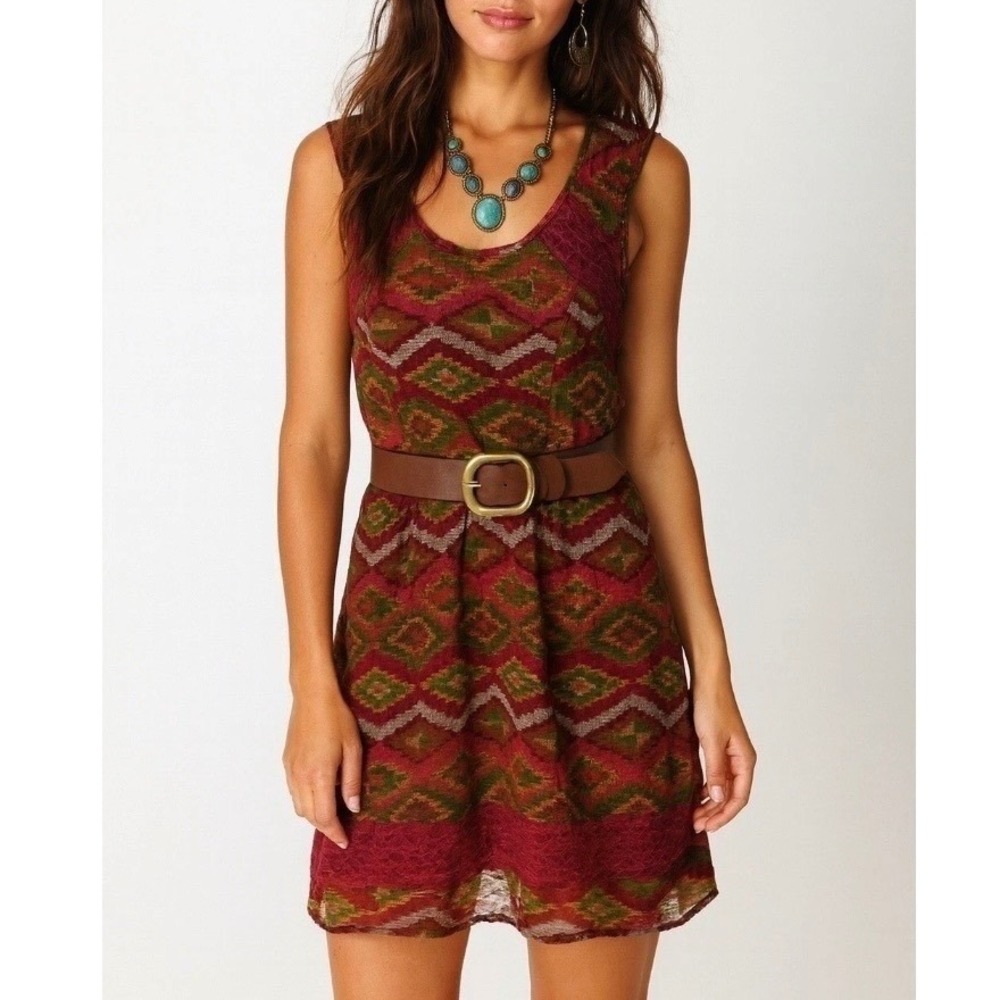 Band of Gypsies Burgundy Southwestern Mini Dress Boho Sleeveless Small
